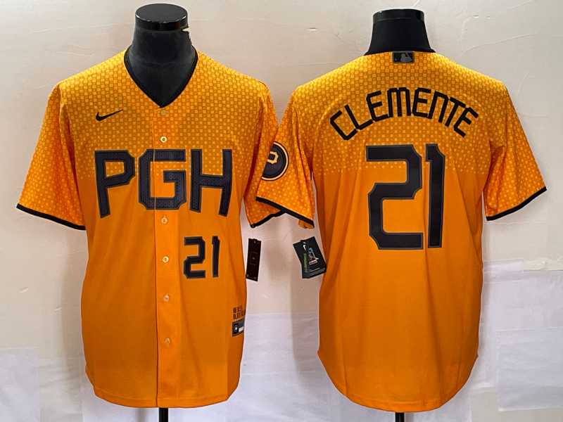 Men's Pittsburgh Pirates #21 Roberto Clemente Number Gold 2023 City Connect Stitched Jersey1,We sell and wholesale Men's Pittsburgh Pirates #21 Roberto Clemente Number Gold 2023 City Connect Stitched Jersey1 on line form chian!